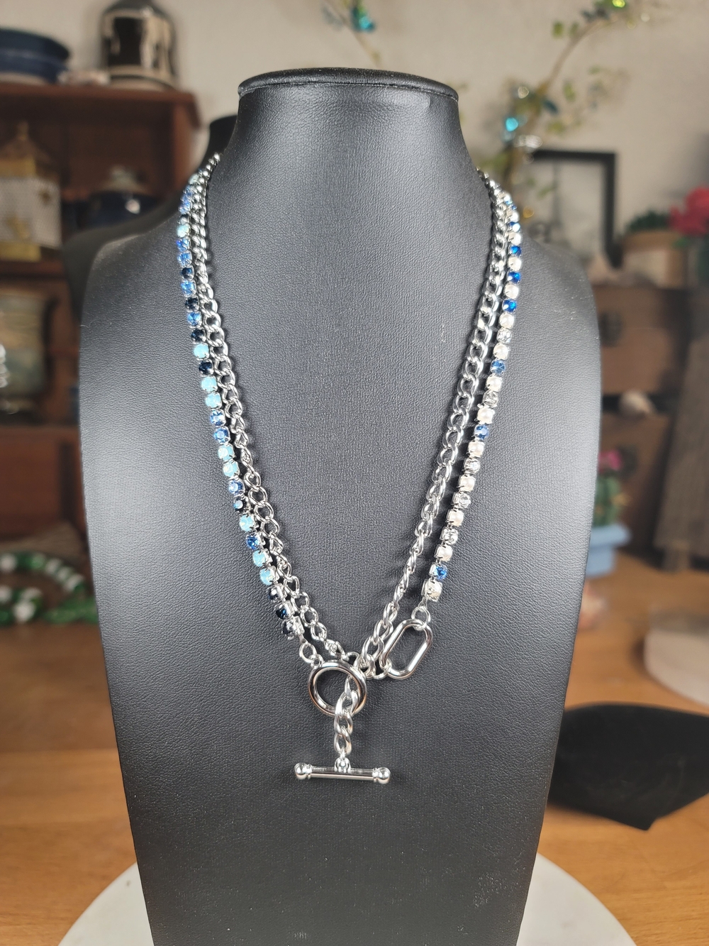 paparazzi Two-Strand Silver Chain Necklace with Blue and Aqua Beads